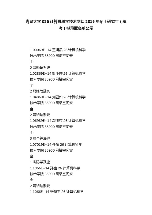 青岛大学026计算机科学技术学院2019年硕士研究生（统考）拟录取名单公示