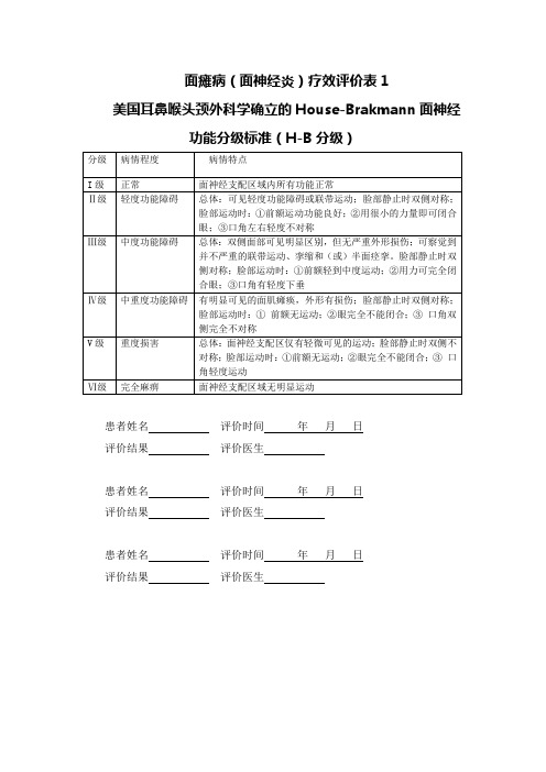 面瘫病疗效评价表