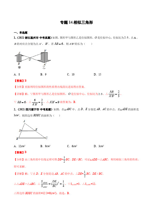 专题14-相似三角形-三年(2019-2021)中考真题数学分项汇编(全国通用)(解析版)