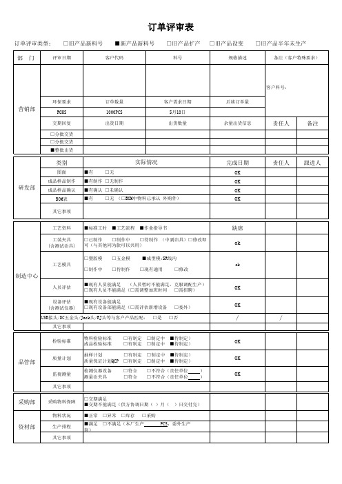 IATF16949客户要求订单评审表范例