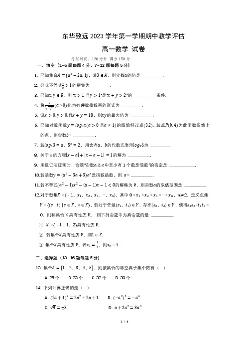 上海市东华大学附属奉贤致远中学2023-2024学年高一上学期期中考试数学含答案(可编辑)