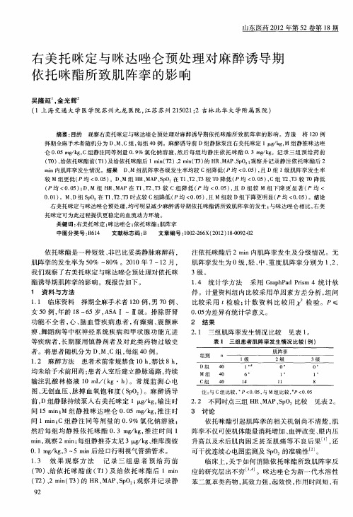 右美托咪定与咪达唑仑预处理对麻醉诱导期依托咪酯所致肌阵挛的影响