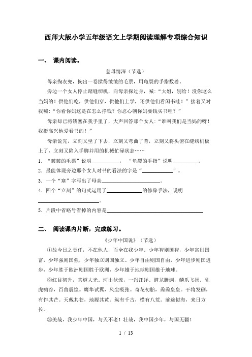 西师大版小学五年级语文上学期阅读理解专项综合知识