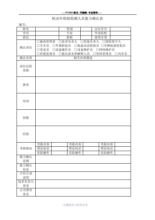 机动车检验检测人员能力确认表