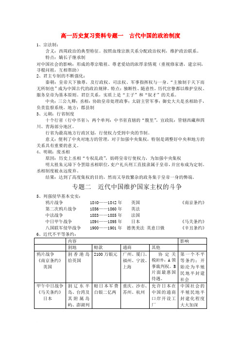 高一历史复习资料专题一  古代中国的政治制度