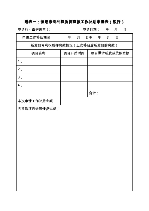 附表一德阳市专利权质押贷款工作补贴申请表(银行)