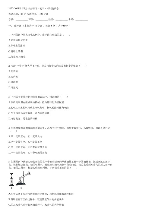 2022-2023学年3月综合练习(初三) (物理)(含答案)003739