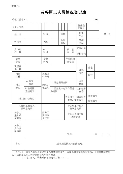 劳务用工登记表格