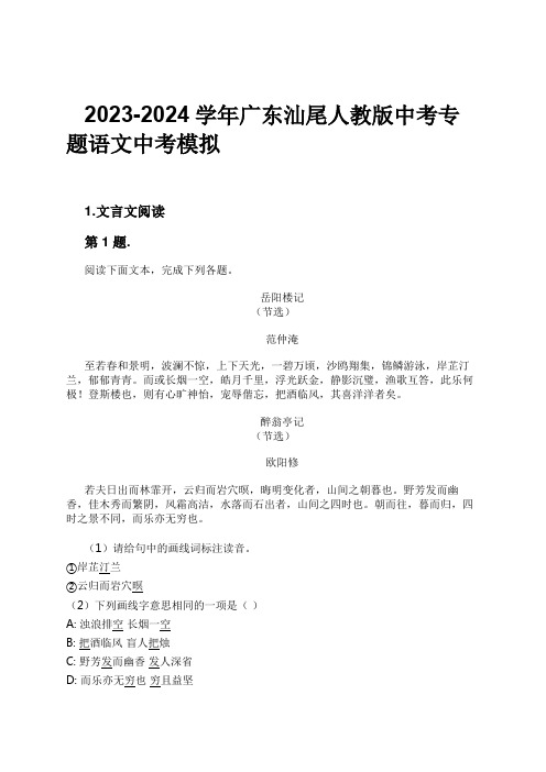 2023-2024学年广东汕尾人教版中考专题语文中考模拟习题及解析