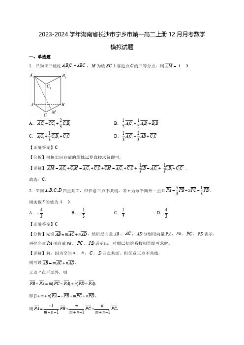 2023-2024学年湖南省长沙市宁乡市第一高二上学期12月月考数学质量检测模拟试题(含解析)