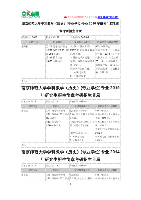 南京师范大学学科教学(历史)(专业学位)专业2016年研究生招生简章考研招生目录