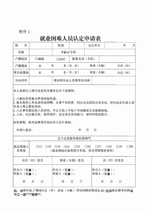 就业困难人员认定申请表(正反面打印)