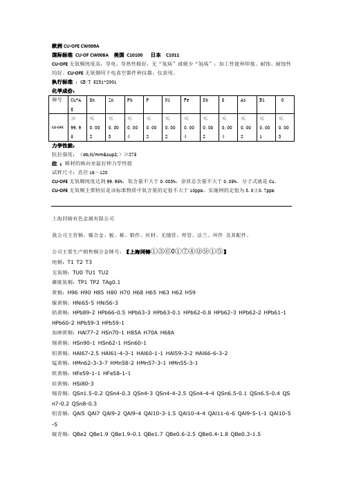 欧标CU-OFE铜合金对应国内牌号