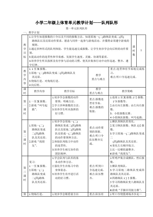 小学二年级上体育单元教学计划——队列队形