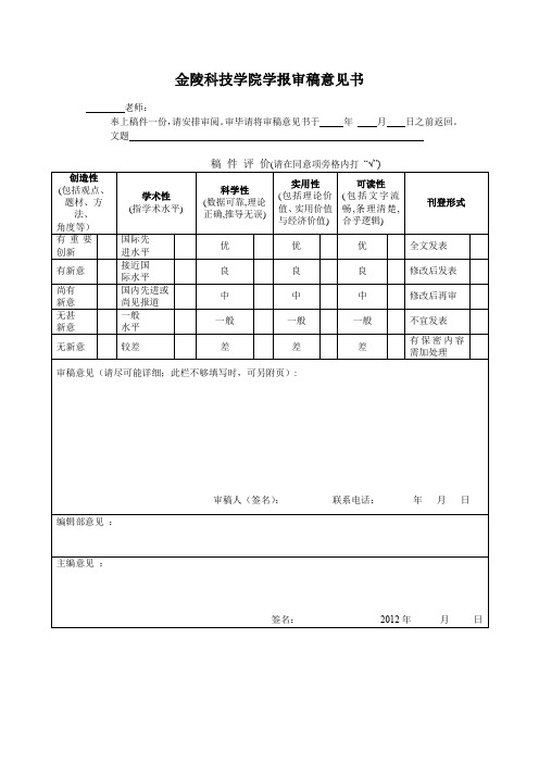 XX学院学报审稿意见书【模板】