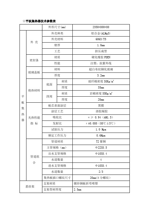 ☆平板集热器技术参数表