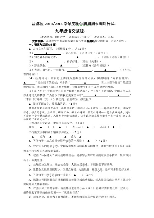 盐城市盐都区2014届九年级上学期期末统考语文试题及答案