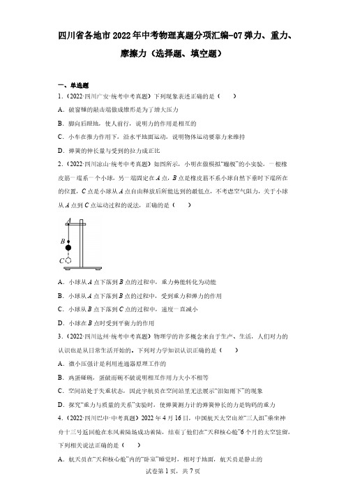 四川省各地市2022年中考物理真题分项汇编-07弹力、重力、摩擦力(选择题、填空题)