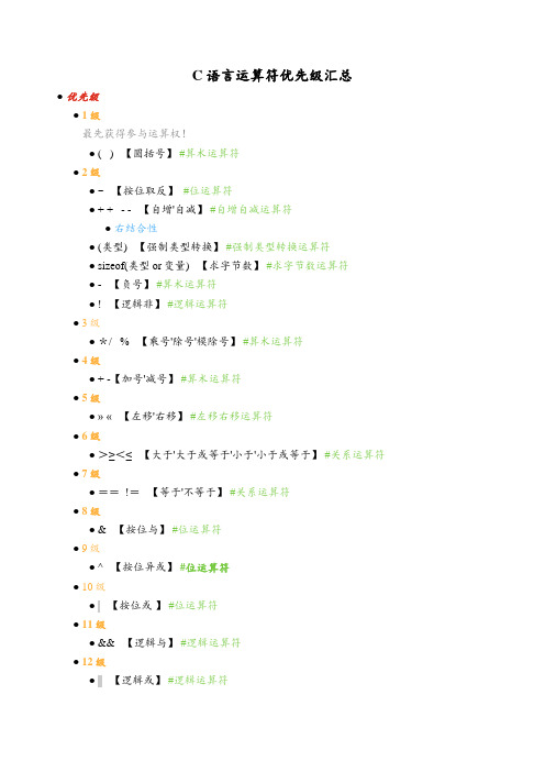 C语言运算符优先级汇总