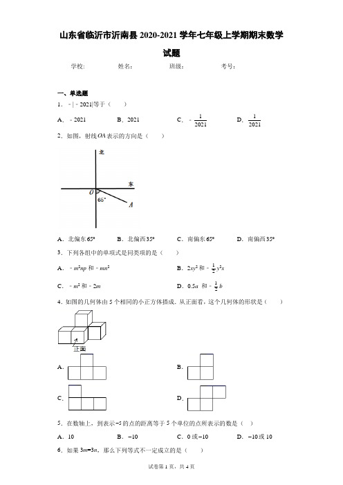 山东省临沂市沂南县2020-2021学年七年级上学期期末数学试题(word版含答案)