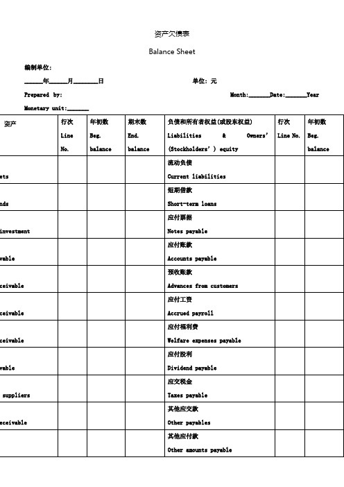 财务报表英文翻译大全(含资产欠债表现金流量表利润表等等)