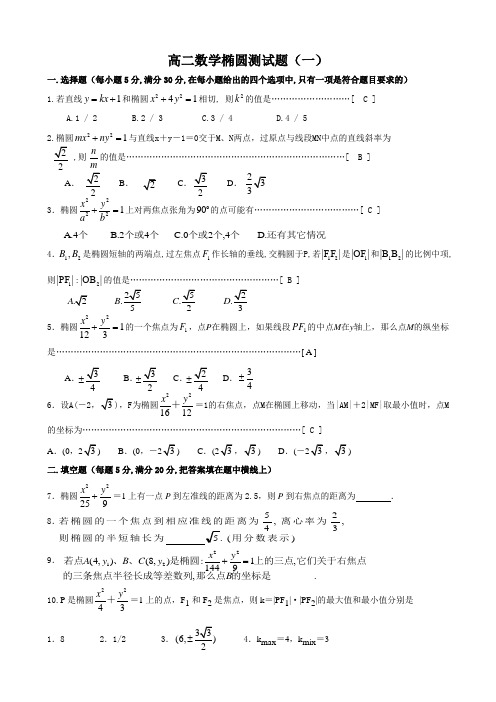 高二数学椭圆测试题(含答案)