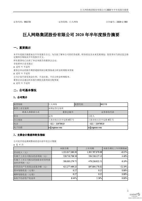 巨人网络：2020年半年度报告摘要