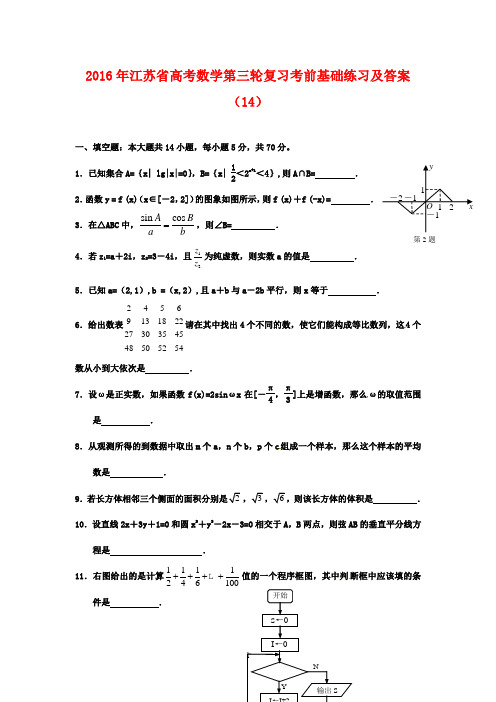 2016年江苏省高考数学第三轮复习:高考数学考前基础练习(及答案)(14)(精品资料)