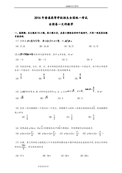 2016高考全国卷一文科数学试题和答案解析