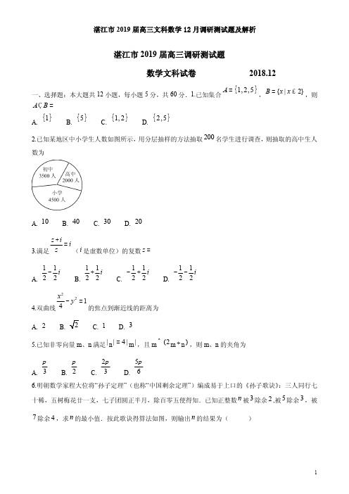 湛江市2019届高三文科数学12月调研测试题及解析