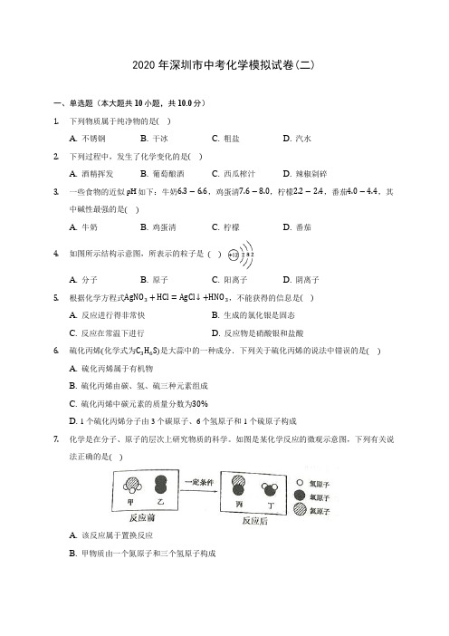 2020年深圳市中考化学模拟试卷(二)(含答案解析)