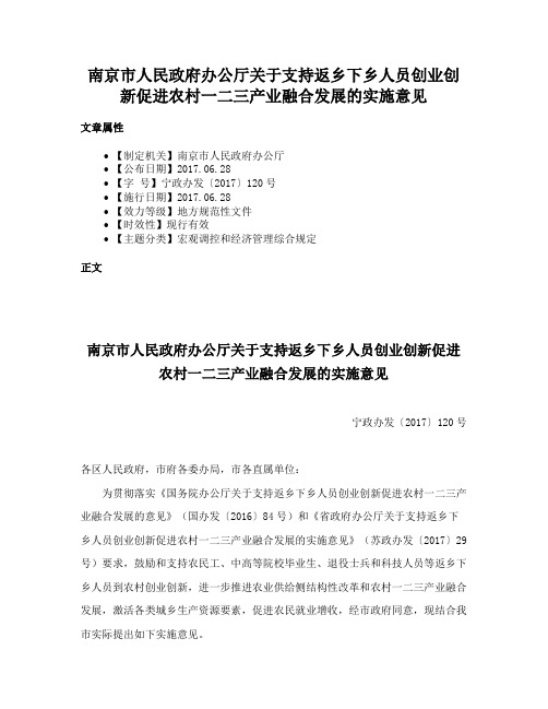 南京市人民政府办公厅关于支持返乡下乡人员创业创新促进农村一二三产业融合发展的实施意见