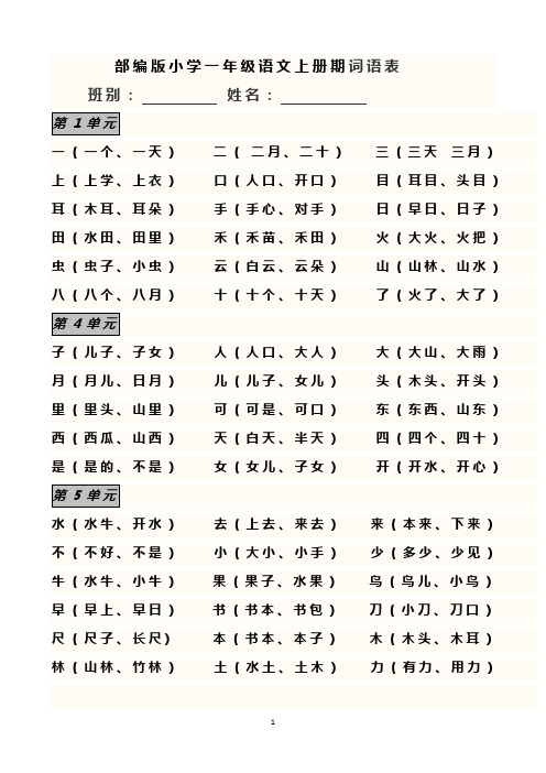 部编版小学一年级语文上册期词语表