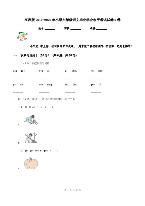 江苏版2019-2020年小学六年级语文毕业学业水平考试试卷D卷