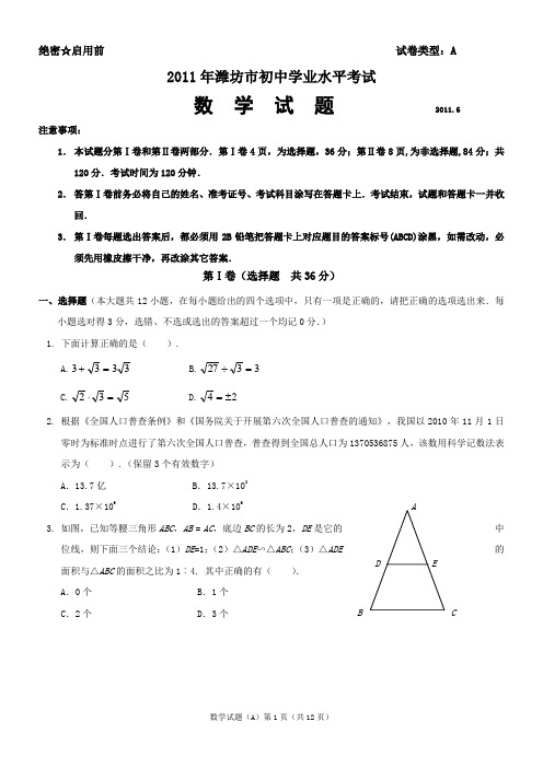 2011年山东省潍坊市中考数学试题及答案(word版)