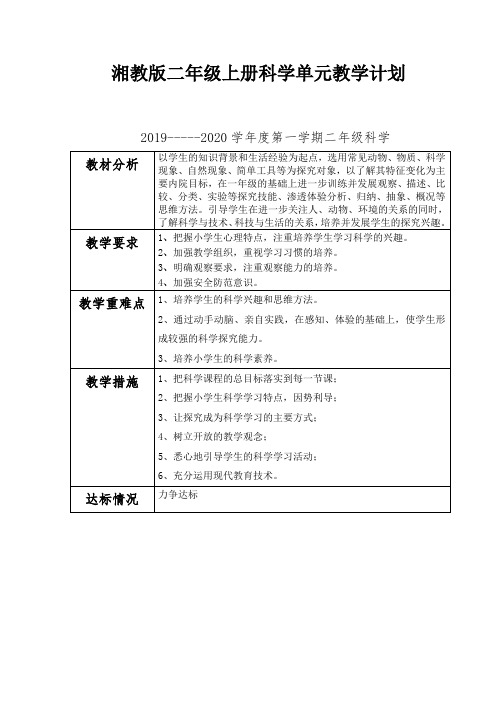 湘教版二年级上册科学单元教学计划