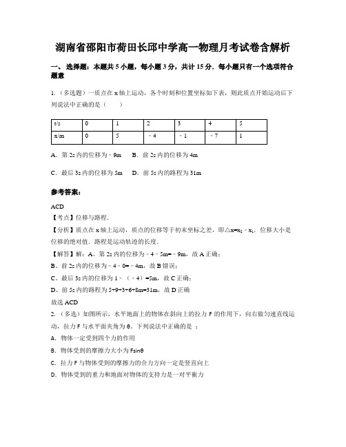 湖南省邵阳市荷田长邱中学高一物理月考试卷含解析