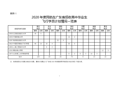 2020年度民航在广东省招收高中毕业生飞行学员计划情况一览表【模板】