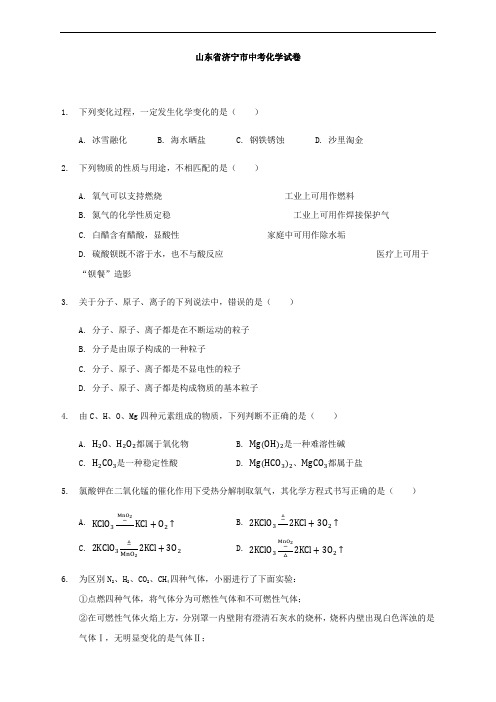 最新山东省济宁市中考化学真题(word版,含解析)