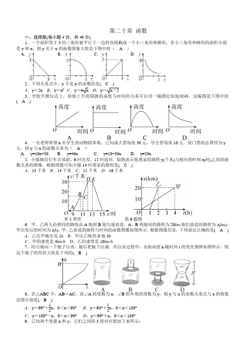 2017-2018学年冀教版八年级下《第20章函数》单元测试题有答案-(数学)