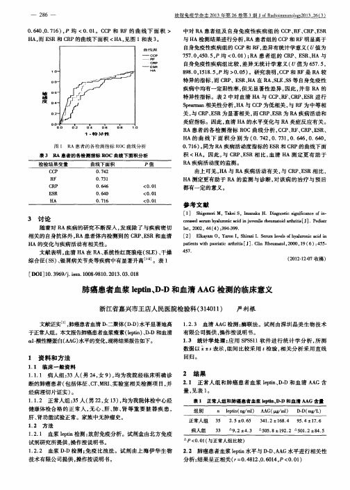 肺癌患者血浆leptin、D-D和血清AAG检测的临床意义