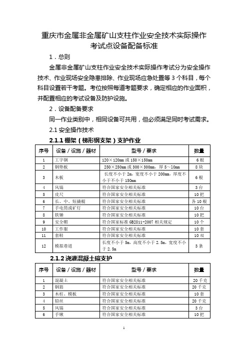 15 金属非金属矿山支柱作业安全技术实际操作考试点设备配备标准