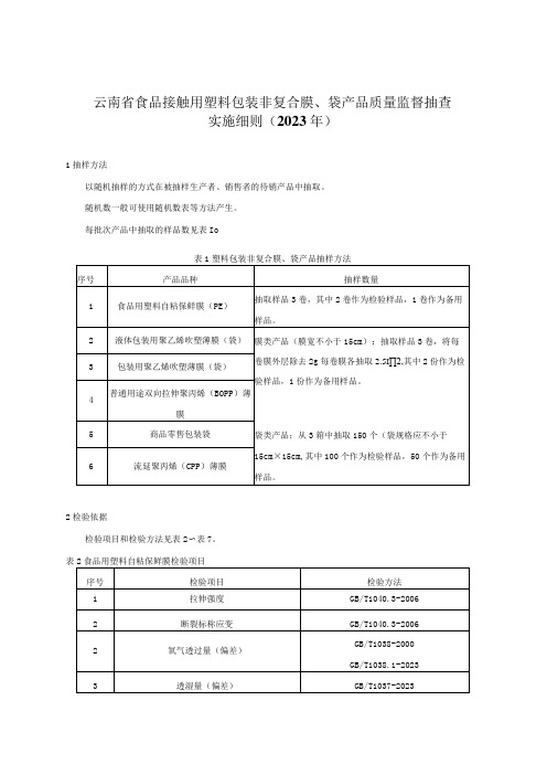 010 2023年云南省食品接触用塑料包装非复合膜袋产品质量监督抽查实施细则