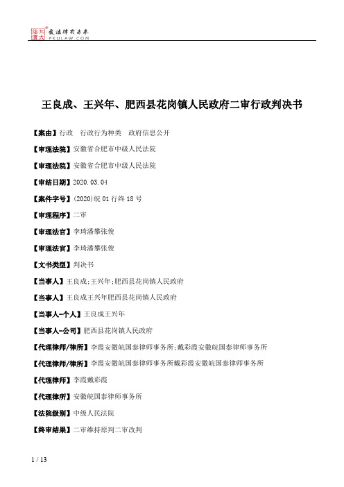 王良成、王兴年、肥西县花岗镇人民政府二审行政判决书