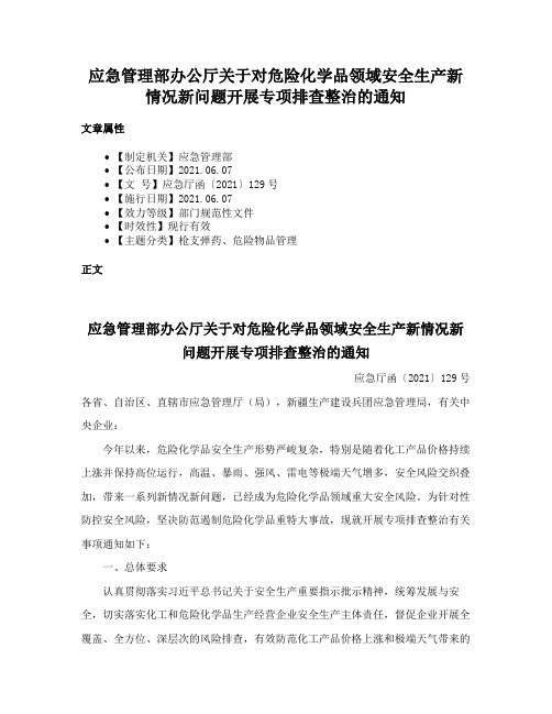 应急管理部办公厅关于对危险化学品领域安全生产新情况新问题开展专项排查整治的通知