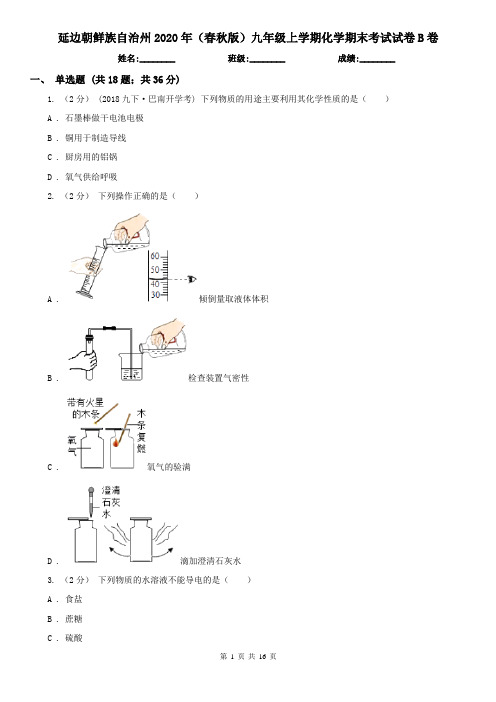 延边朝鲜族自治州2020年(春秋版)九年级上学期化学期末考试试卷B卷