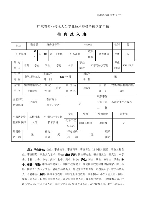 广东省专业技术人员专业技术资格考核认定申报表二填写示例