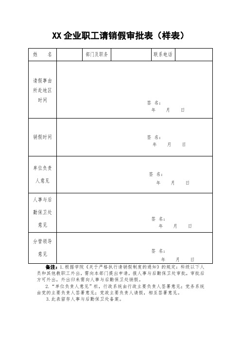 XX企业职工请销假审批表(样表)