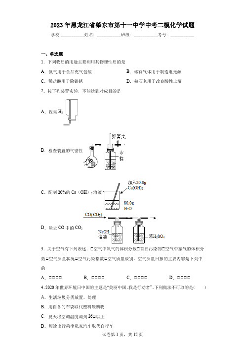 2023年黑龙江省肇东市第十一中学中考二模化学试题