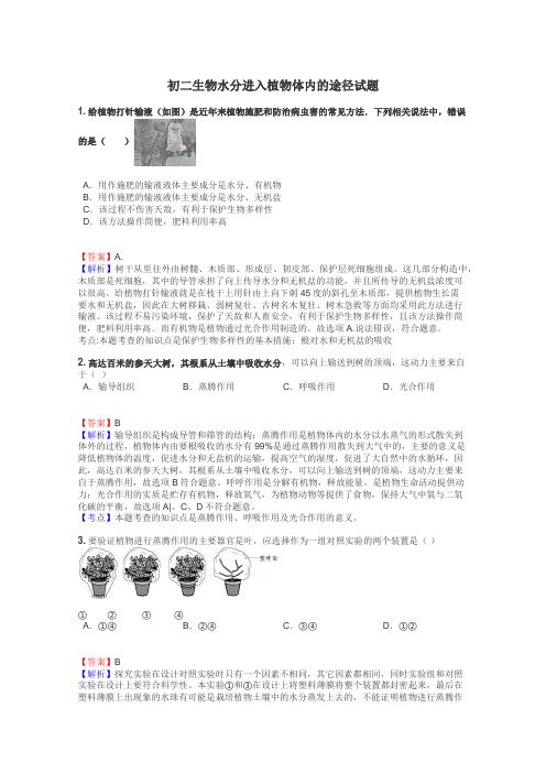 初二生物水分进入植物体内的途径试题
